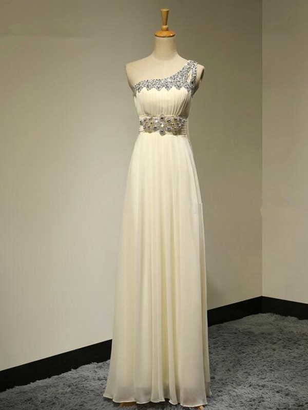 Festive Self Princess Style One-Shoulder Floor-Length Beading Chiffon Bridesmaid Dresses