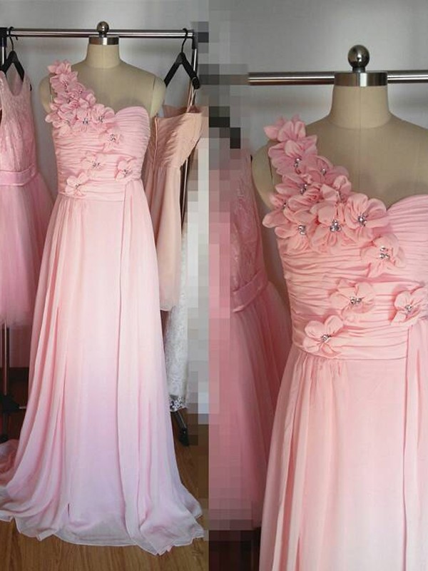 Glitz the Spot Princess Style One-Shoulder Floor-Length Hand-Made Flower Chiffon Bridesmaid Dresses