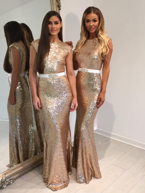 Intuitive Impact Sheath Style Bateau Floor-Length Sequins Bridesmaid Dresses