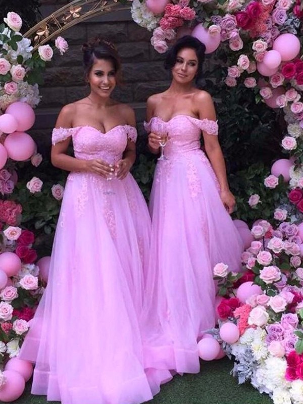Limitless Looks Princess Style Off-the-Shoulder Floor-Length Applique Tulle Bridesmaid Dresses