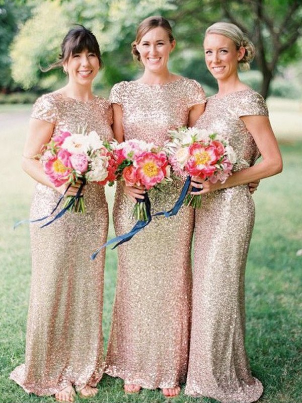 Lively Identity Sheath Style Bateau Floor-Length Sequins Bridesmaid Dresses