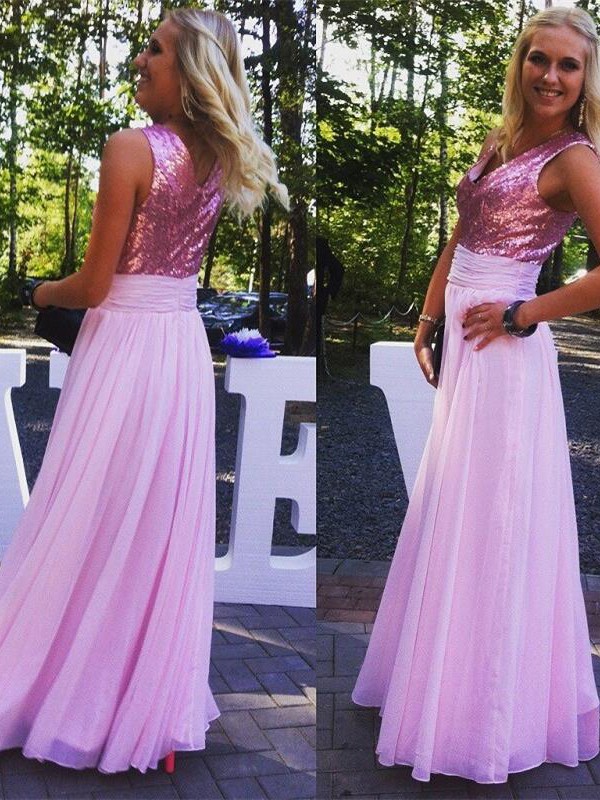 Pleasant Emphasis Princess Style V-neck Floor-Length Paillette Chiffon Bridesmaid Dresses