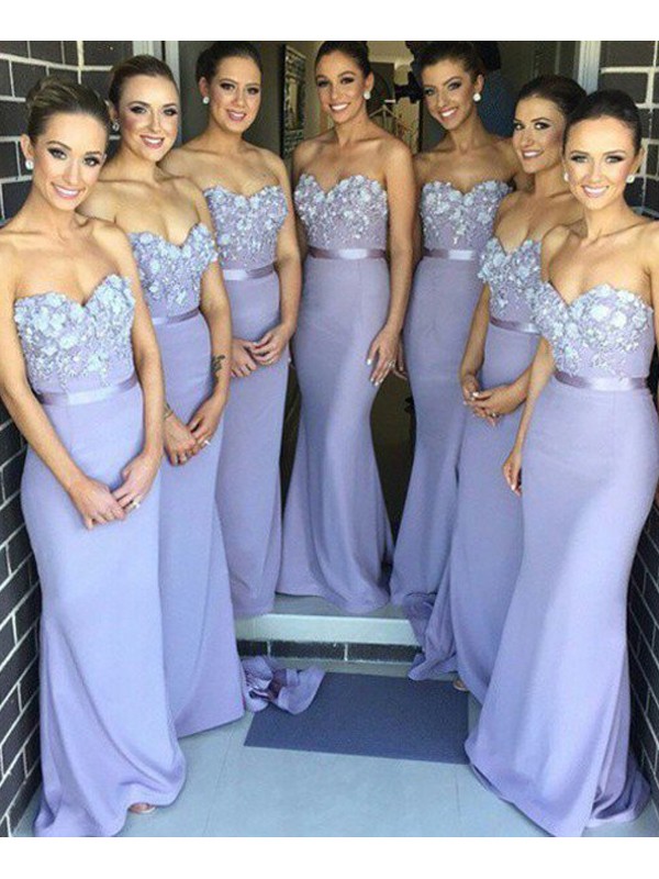 Romantic Vibes Sheath Style Sweetheart Satin Hand-Made Flower SweepBrush Train Bridesmaid Dresses