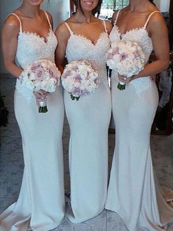 Stylish Refresh Sheath Style Sweetheart Satin Lace SweepBrush Train Bridesmaid Dresses