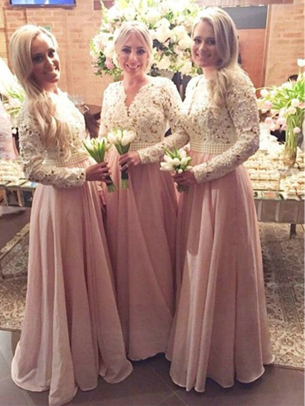 Vibrant Stylist Princess Style V-neck Floor-Length Lace Chiffon Bridesmaid Dresses