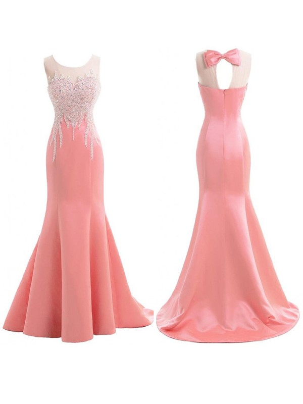 Visual Moment Mermaid Style Scoop SweepBrush Train Satin Beading Bridesmaid Dresses