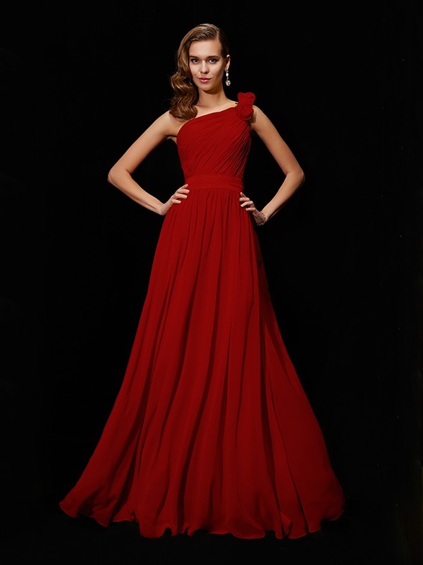 rde--Creative Courage Princess Style One-Shoulder Hand-Made Flower Long Chiffon Bridesmaid Dresses