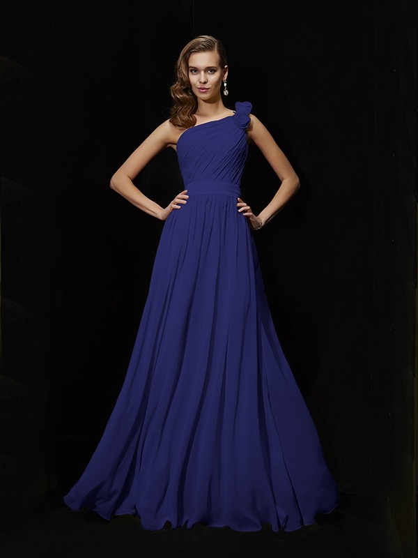 royal_blue 1--Creative Courage Princess Style One-Shoulder Hand-Made Flower Long Chiffon Bridesmaid Dresses