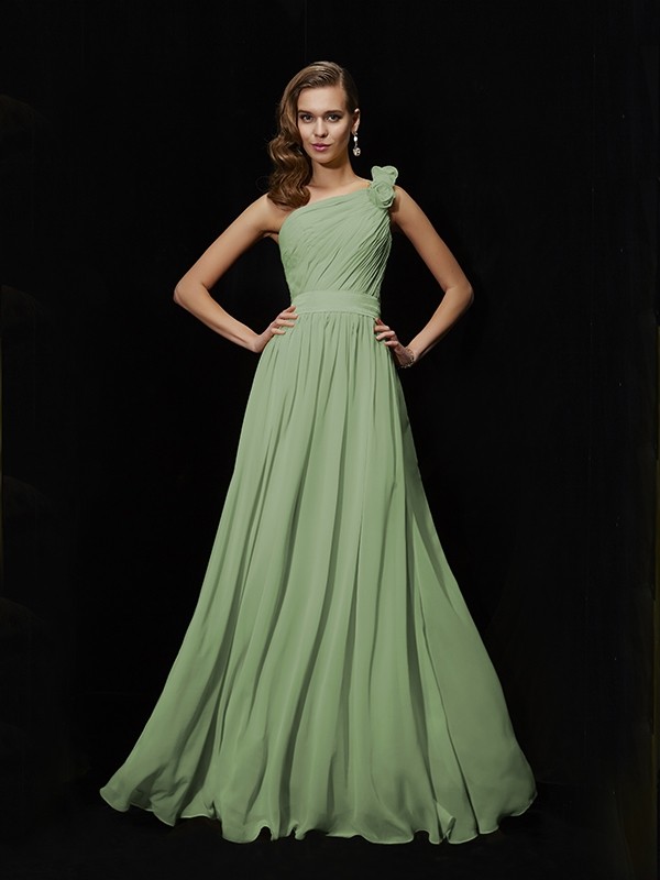 sage 1--Creative Courage Princess Style One-Shoulder Hand-Made Flower Long Chiffon Bridesmaid Dresses