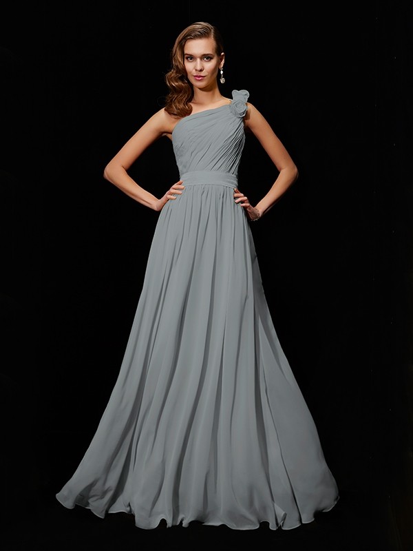 silver 1--Creative Courage Princess Style One-Shoulder Hand-Made Flower Long Chiffon Bridesmaid Dresses