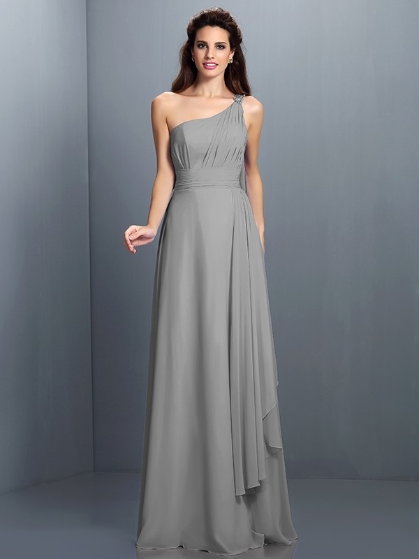 silver 2--Romantic Vibes Princess Style One-Shoulder Pleats Long Chiffon Bridesmaid Dresses