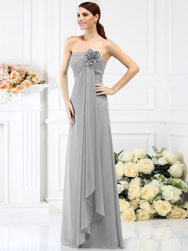 silver 4--Efflorescent Dreams Princess Style Strapless Hand-Made Flower Long Chiffon Bridesmaid Dresses