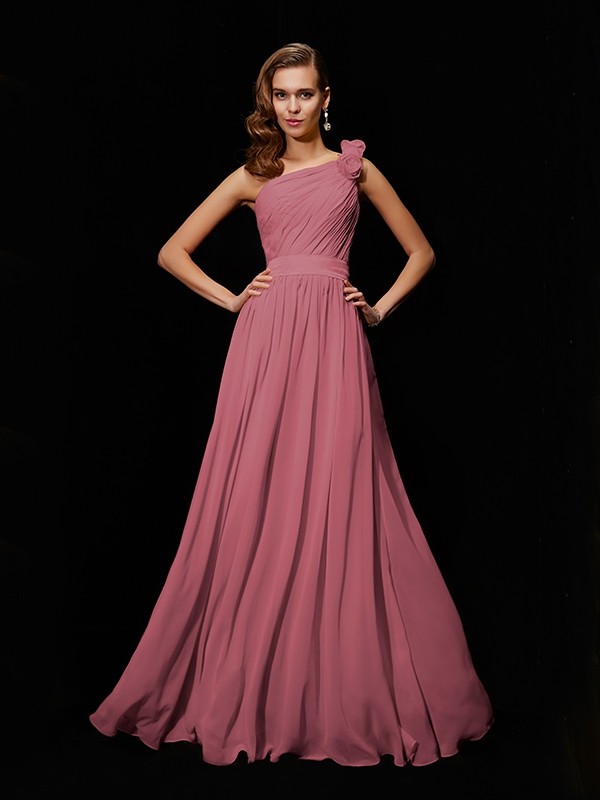 watermelon_23_1--Creative Courage Princess Style One-Shoulder Hand-Made Flower Long Chiffon Bridesmaid Dresses