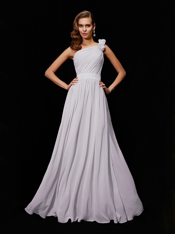 white 1--Creative Courage Princess Style One-Shoulder Hand-Made Flower Long Chiffon Bridesmaid Dresses