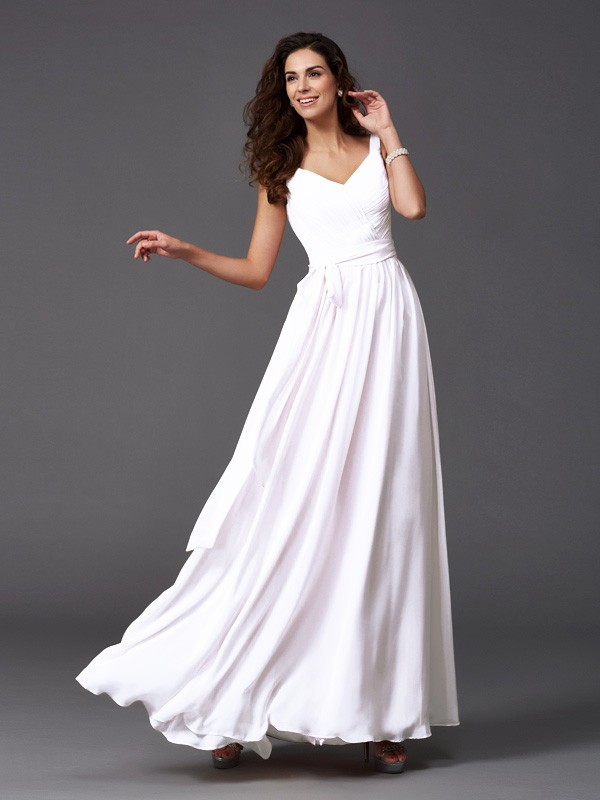white--Memorable Magic Princess Style Straps SashRibbonBelt Long Chiffon Bridesmaid Dresses