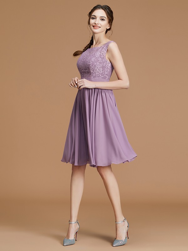 Lilac Short Mini Chiffon Bateau A-Line Princess Lace 72102Bridesmaid Dress Bridesmaid Dress
