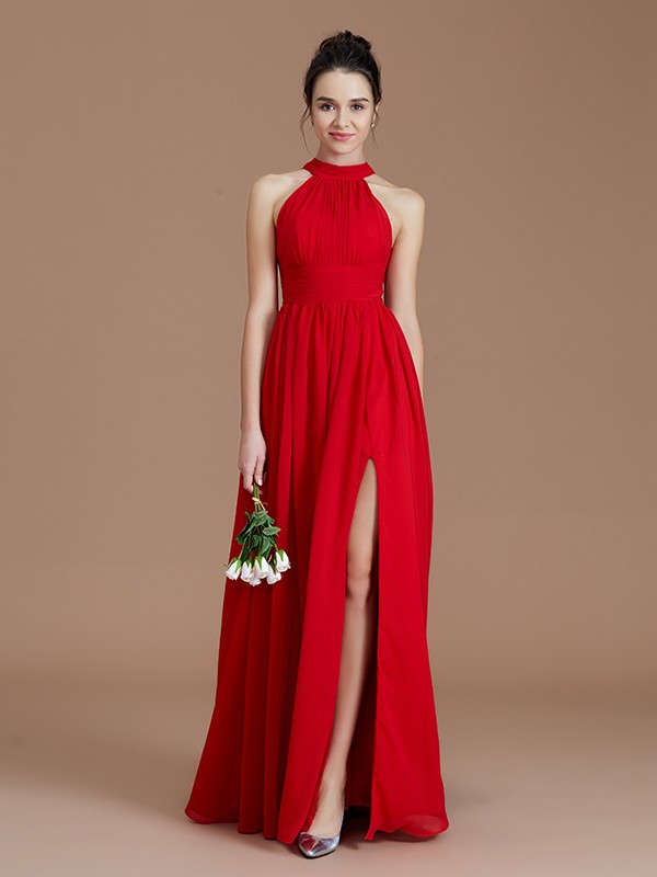 Red Chiffon Halter A-Line Princess Ruched 72027Bridesmaid Dress