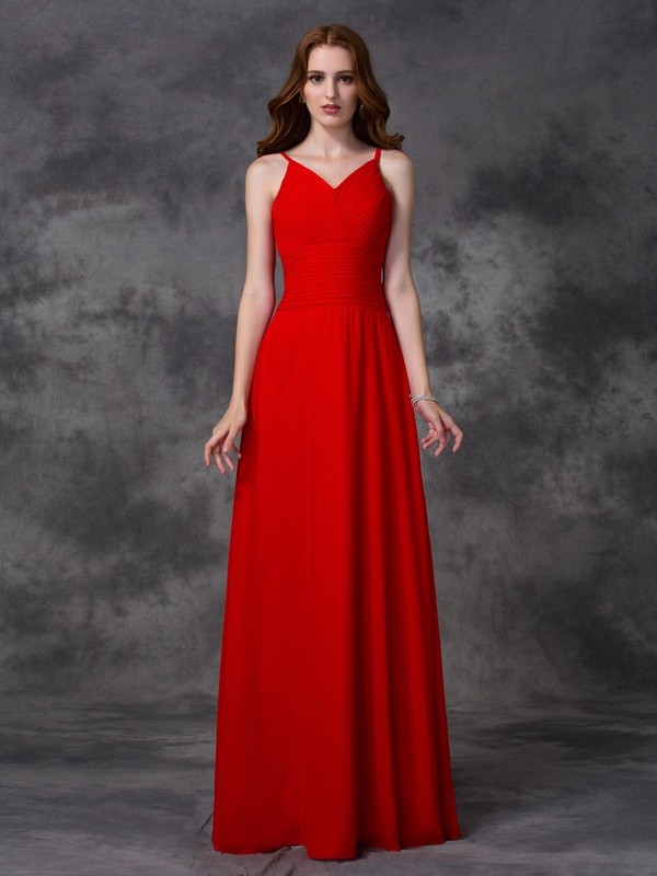 Red Chiffon Spaghetti Straps A-Line Princess Ruffles Empire 60011Bridesmaid Dress