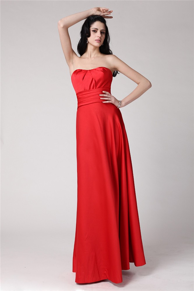 Red Elastic Woven Satin Strapless A-Line Princess Pleats Empire N13ZYDRESS228Bridesmaid Dress