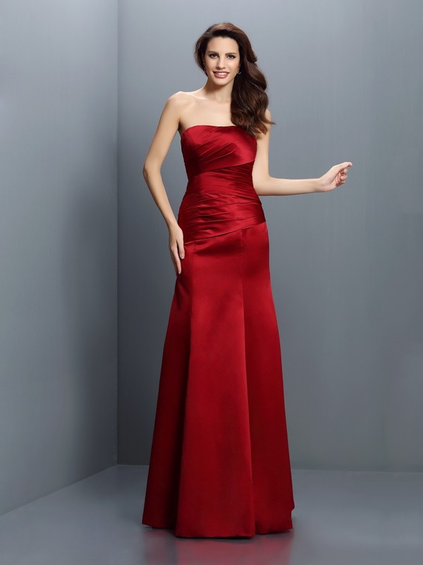 Red Satin Strapless Sheath Column Pleats Empire 50481Bridesmaid Dress