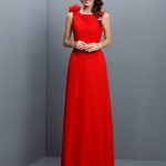 Red Sweep Brush Train Chiffon Bateau A-Line Princess Hand-Made Flower Empire 50480Bridesmaid Dress