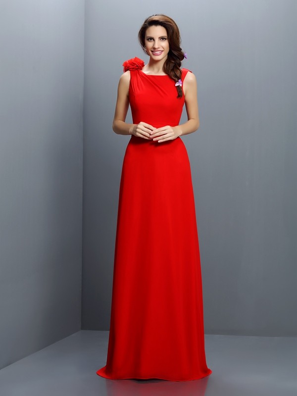 Red Sweep Brush Train Chiffon Bateau A-Line Princess Hand-Made Flower Empire 50480Bridesmaid Dress