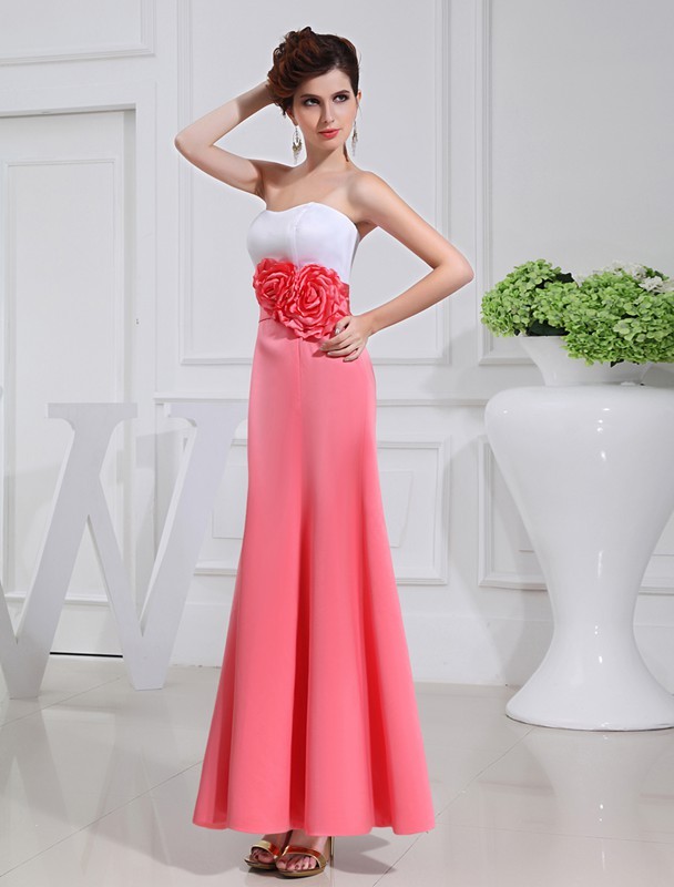 Watermelon Ankle-Length Satin Strapless A-Line Princess Hand-Made Flower,Pleats N13ZAYS558Bridesmaid Dress