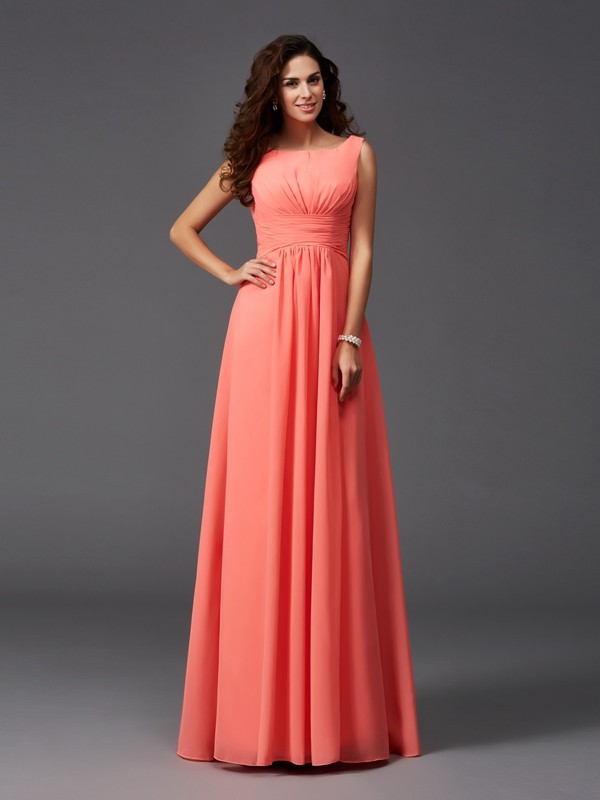 Watermelon Chiffon Scoop A-Line Princess Ruffles Empire 60288Bridesmaid Dress