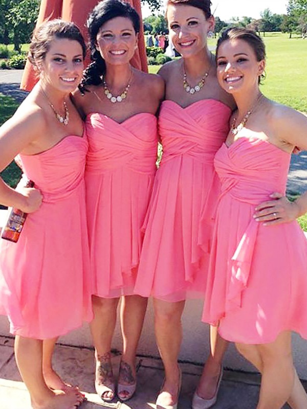 Watermelon Short Mini Chiffon Sweetheart A-Line Princess Bridesmaid Dress