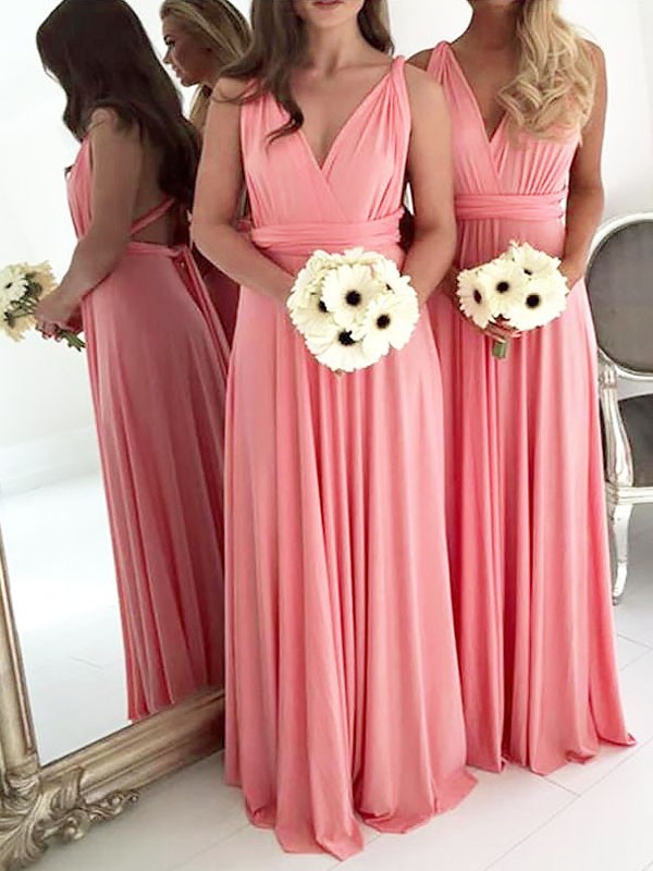 Watermelon Spandex V-neck A-Line Princess Bridesmaid Dress