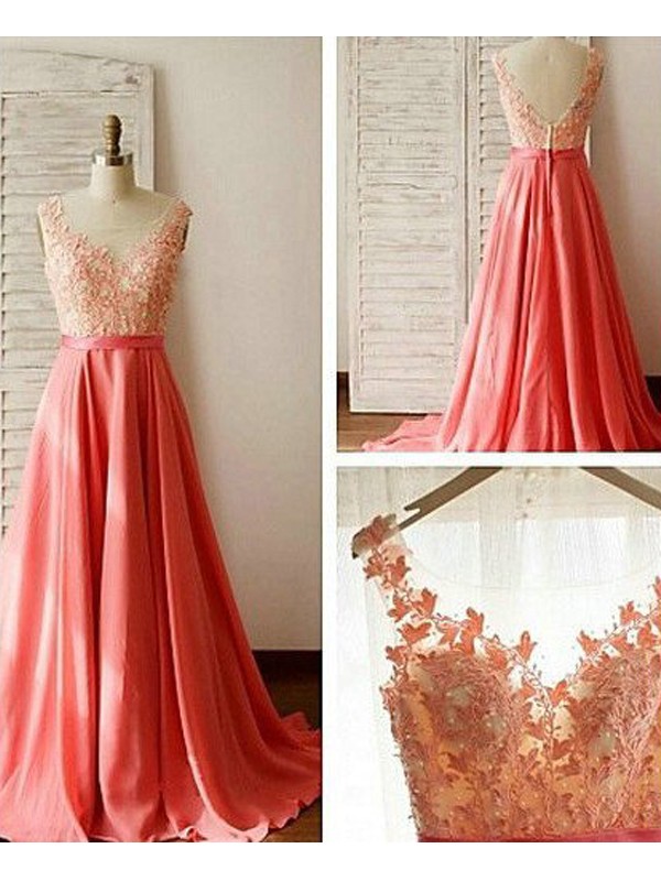 Watermelon Sweep Brush Train Chiffon Sweetheart A-Line Princess Lace PO16033PO571Bridesmaid Dress