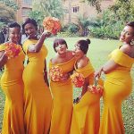 Yellow Sweep Brush Train Satin Off-the-Shoulder Trumpet Mermaid Bridesmaid Dress