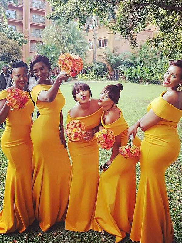Yellow Sweep Brush Train Satin Off-the-Shoulder Trumpet Mermaid Bridesmaid Dress